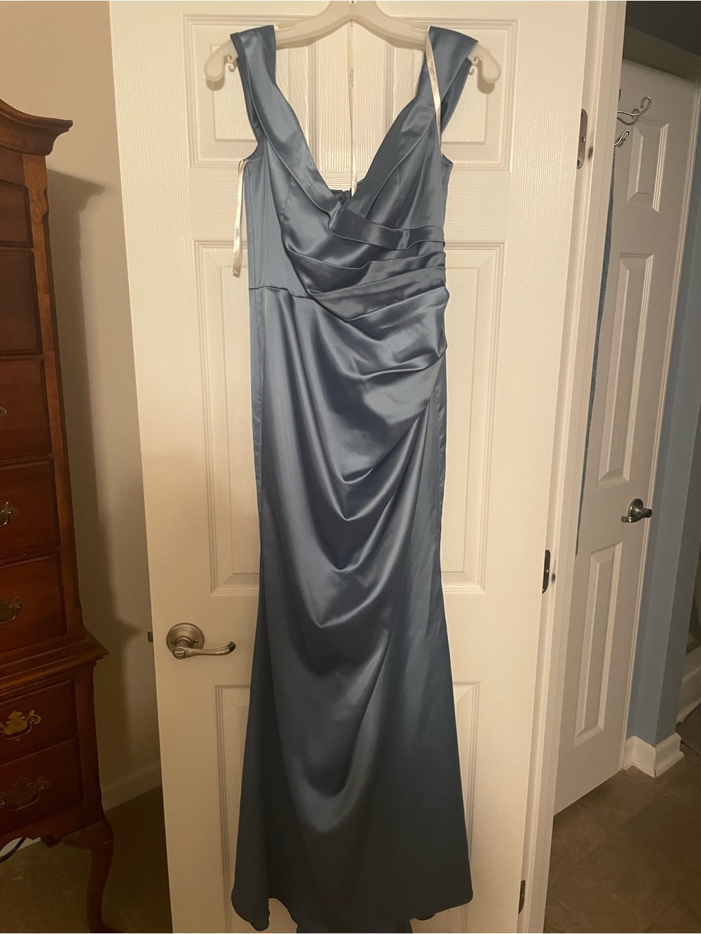 David's Bridal Off-the-Shoulder Satin Maxi Dress in Teal Blue